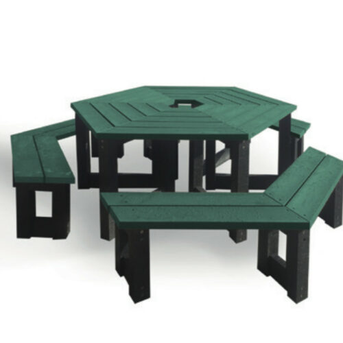 Kunststof picknickset Siena 13 Deze 6-hoekige picknickset is ideaal om aan te eten en te hangen, zeer fraai en riante picknicktafel.